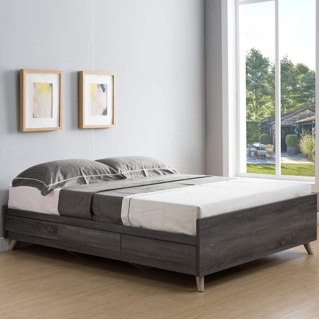 DH BASIC Mid-Century Modern Distressed Grey 3-Drawer Storage Platform Bed by Denhour
