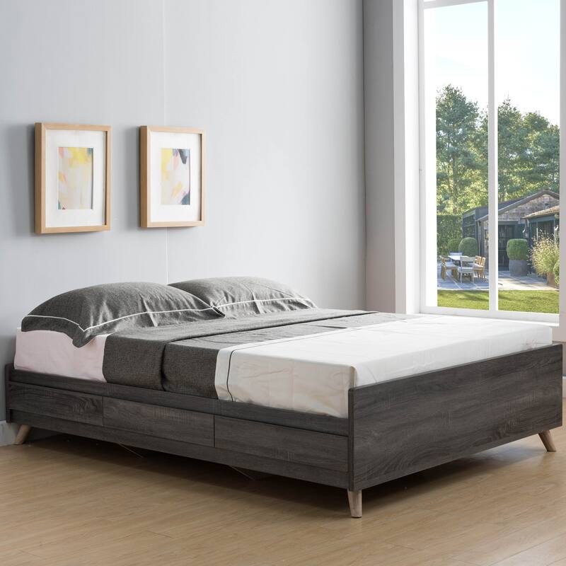 DH BASIC Mid-Century Modern Distressed Grey 3-Drawer Storage Platform Bed by Denhour