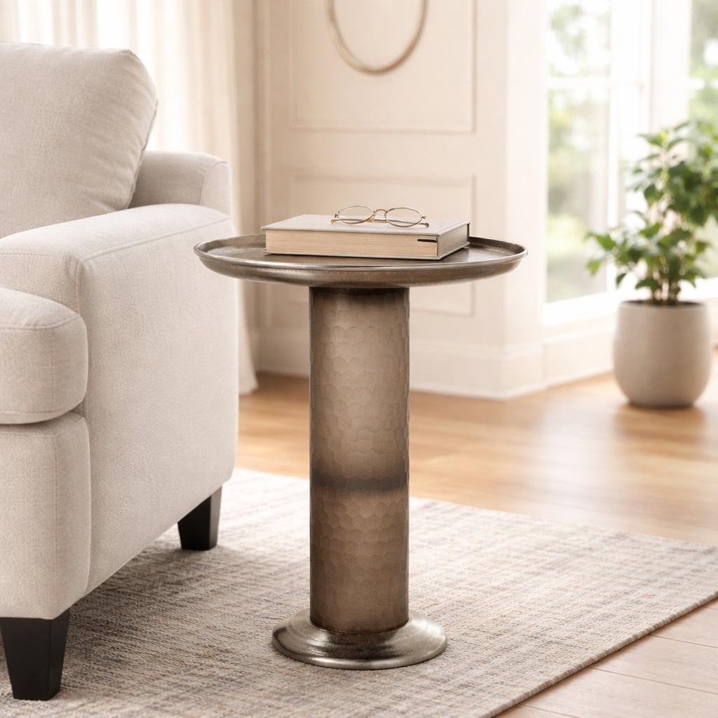 Metal Side Table with Textured Pedestal Base - 21", Gold & Tan - 21.0"