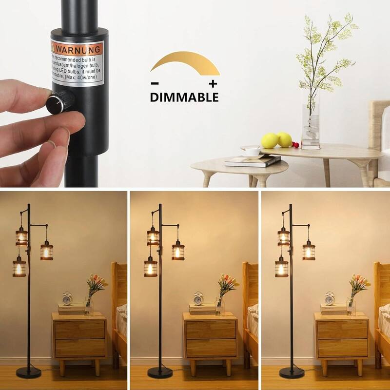 Airposta Dimmable Industrial Floor Lamp - 3-Light Wood & Metal Cage Floor Lamp