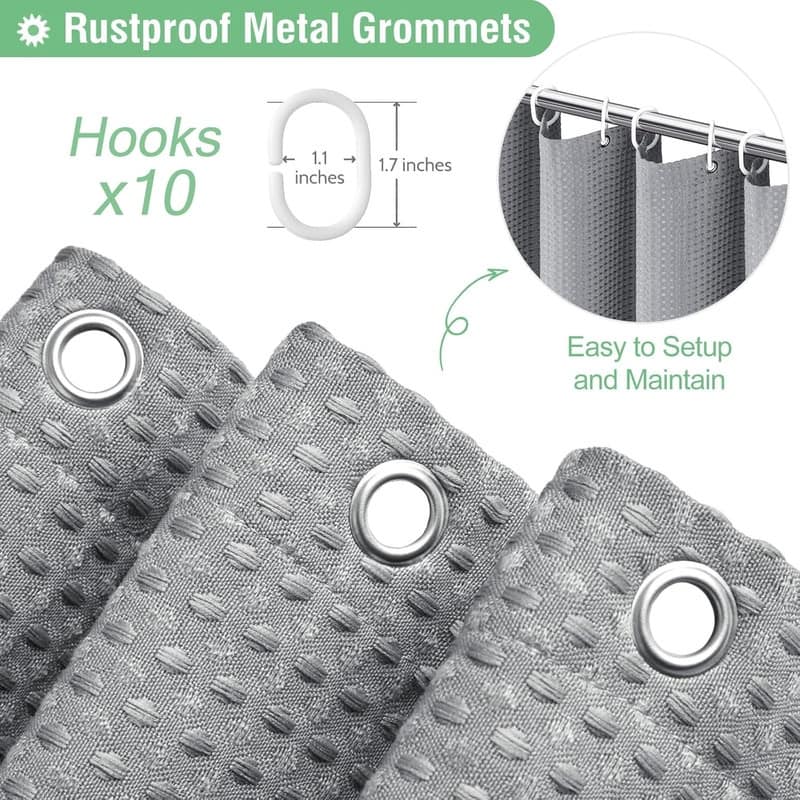 Waffle Textured Heavy Duty Thick Fabric Shower Curtain, Luxury Weighted Polyester Fabric Shower Curtain Set