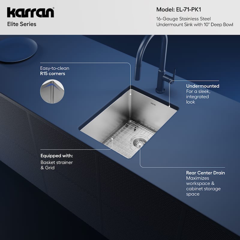 Karran Elite series 16 Gauge Stainless Steel 15 in. Undermount Bar Sink Kit