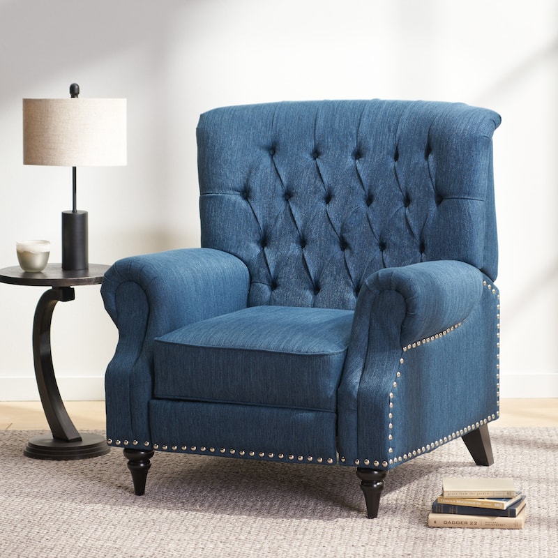 Sunapee Fabric and Rubberwood Recliner with Nailhead Trim by Christopher Knight Home - Navy Blue/ Espresso/ Fabric