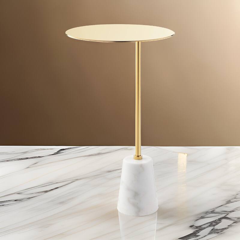 Frank 12 Inch Drink Side End Table, Gold Top, White Marble Solid Cone Base