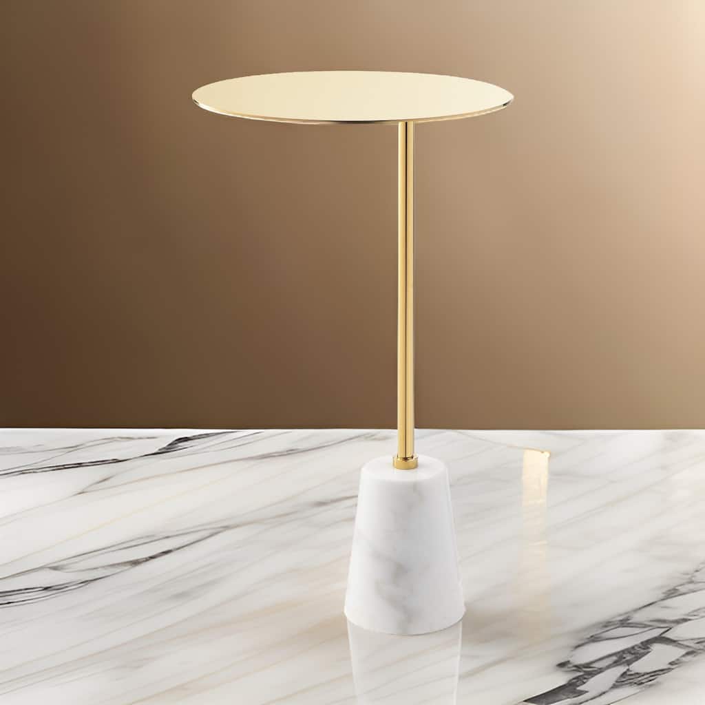 Frank 12 Inch Drink Side End Table, Gold Top, White Marble Solid Cone Base