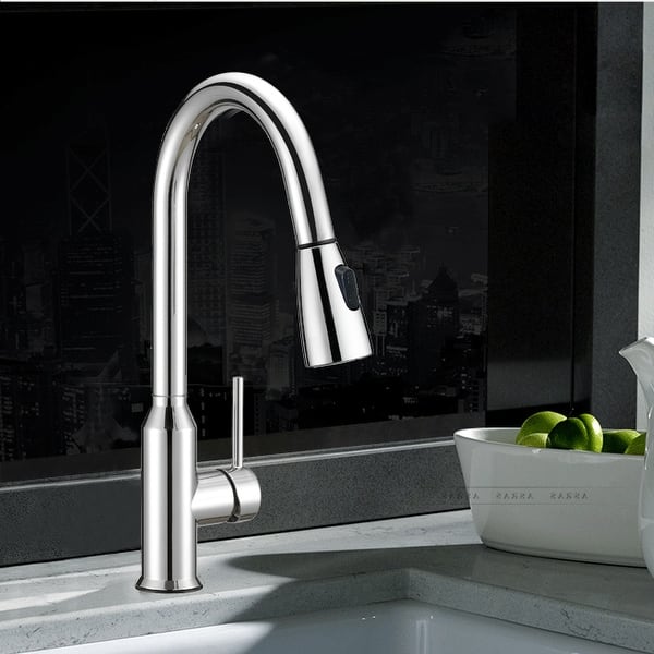 slide 2 of 7, SAFAVIEH Solea Prosper Stainless Steel Dual Function Pull-Down Spray Kitchen Faucet - 9"W x 2"D x 16"H