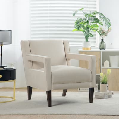 Upholstered Accent Chair with Padded Seat, Hollow Shape Armrest and Rubber Wood Legs for Living Room