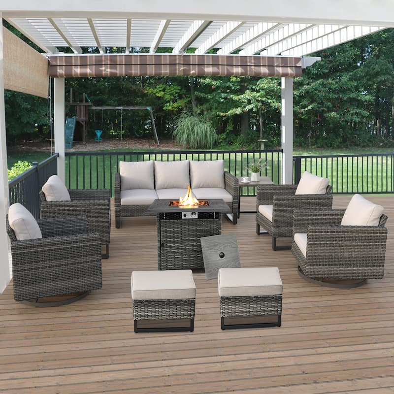 Patio Sofa Swivel Chair Club Chair with Fire Pit Table - Grey - Beige