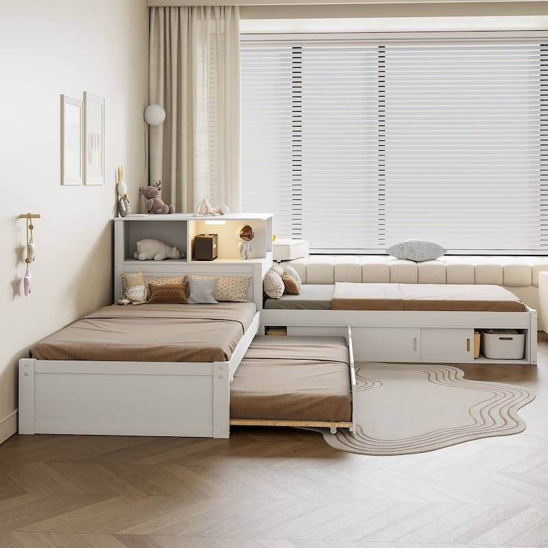 Twin Size L-shaped Bed Frame with Trundle Bed and Storage Cabinets, Desk, Lighting, Corner Platform Storage Bed Frame