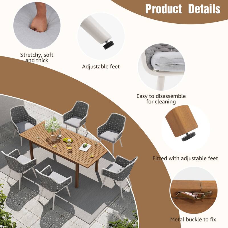 Outdoor Extendable Acacia Dining Set with 6 Rope-Back Chairs