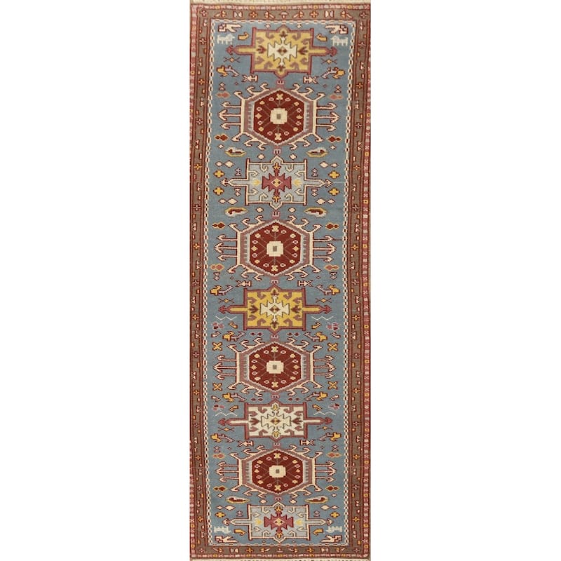 Hand-knotted Traditional Wool Blue Geometric Oriental Area Rug - 9' 8'' X 2' 6''