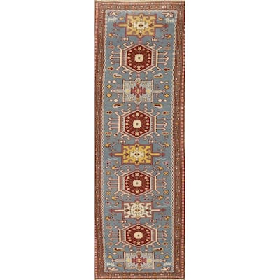 Hand-knotted Traditional Wool Blue Geometric Oriental Area Rug - 9' 8'' X 2' 6''