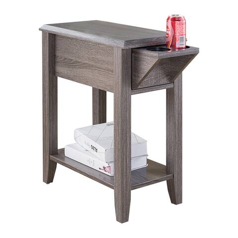 24 Inch Wood Chairside End Table, 1 Drawer, 2 Cupholders, Distressed Gray