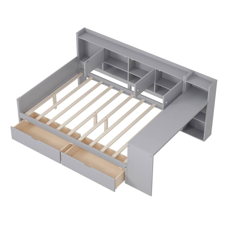 Multi-functional Daybed with Storage Cabinets and Storage Drawers,Study Desk and Built-in Bookshelf