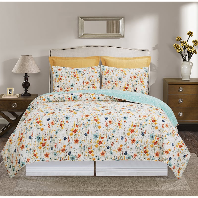 Sheila Spring Floral Cotton Quilt Set - Reversible and Machine Washable