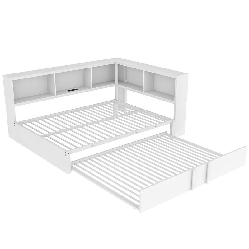Metal Frame Daybed Full Size Sofa Bed with L-shape Storage Bookcase Guardrail, USB Ports and Trundle Bed, Low Profile Bed