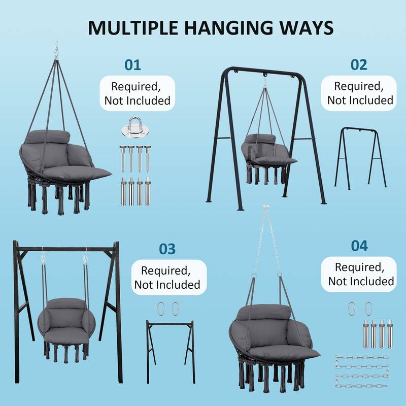 Cotton Blend Hammock Chair with Steel Frame and Comfy Cushion Fringe for Patio or Living Room - 31.5" W x 23.6" D x 15.7" H
