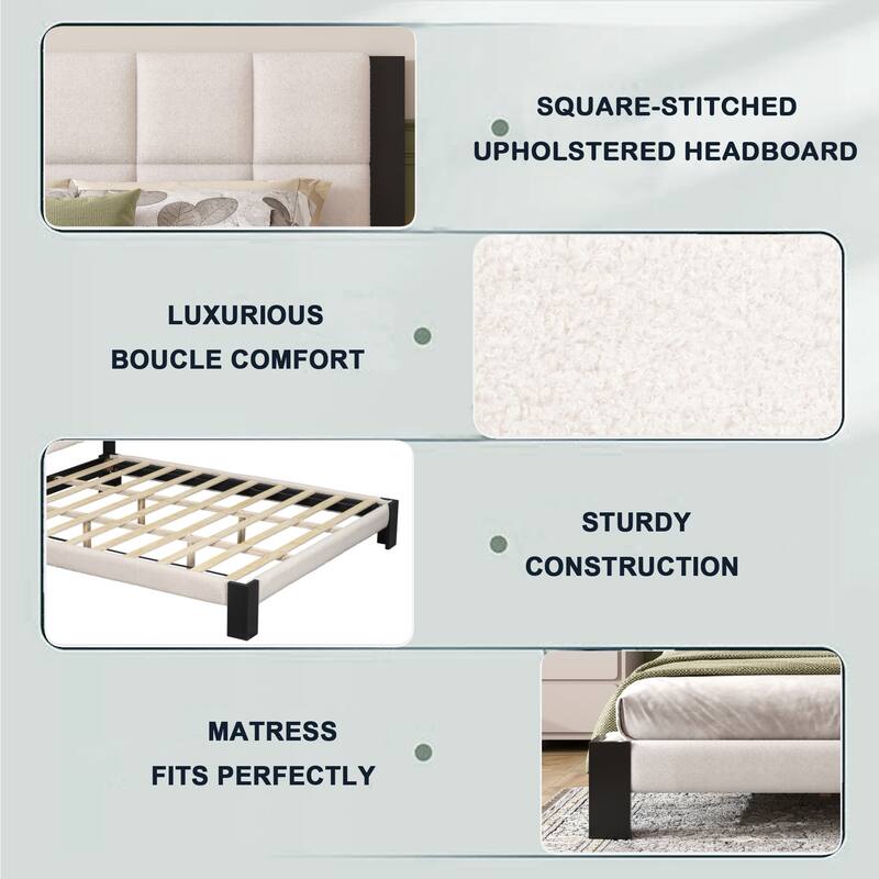 Roomfitters Queen Boucle Platform Bed Frame with Square-Stitched Headboard, Upholstered Mid-Century Modern Mattress Base, Beige