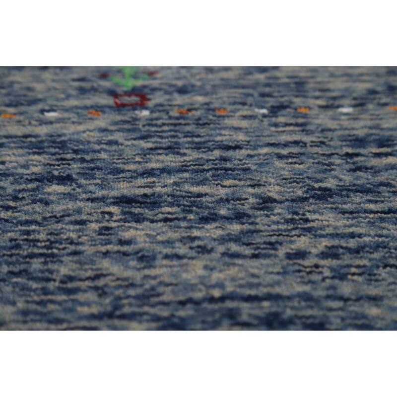 Striped Blue Gabbeh Oriental Rug Hand-Knotted Wool Carpet - 4'0" x 5'10"