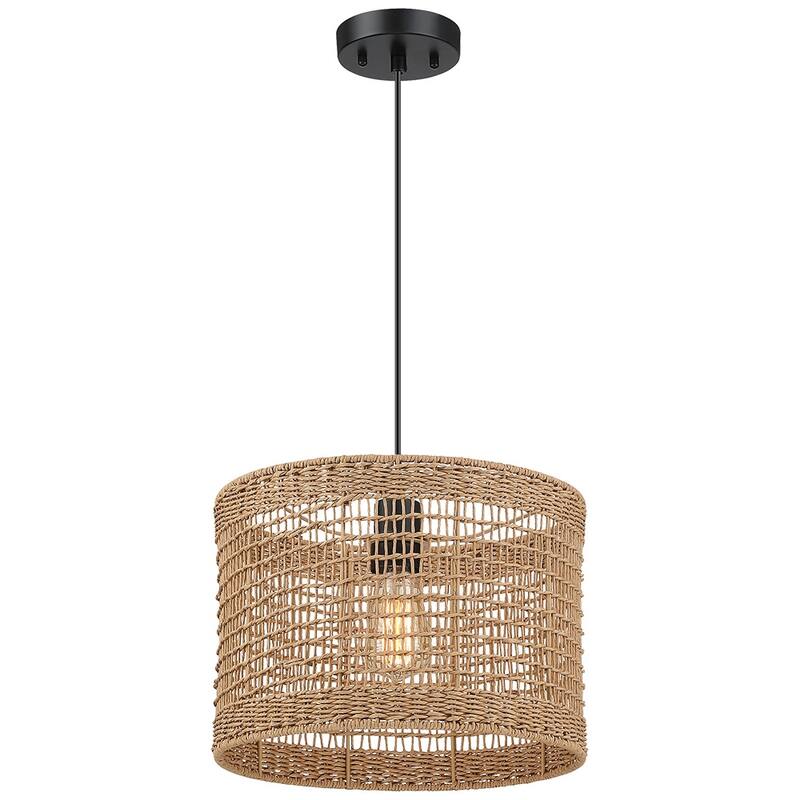 1-Light Bohemian Rattan Pendant Light - Black/Wheat - 13.8 in. W - 13.8 in. W