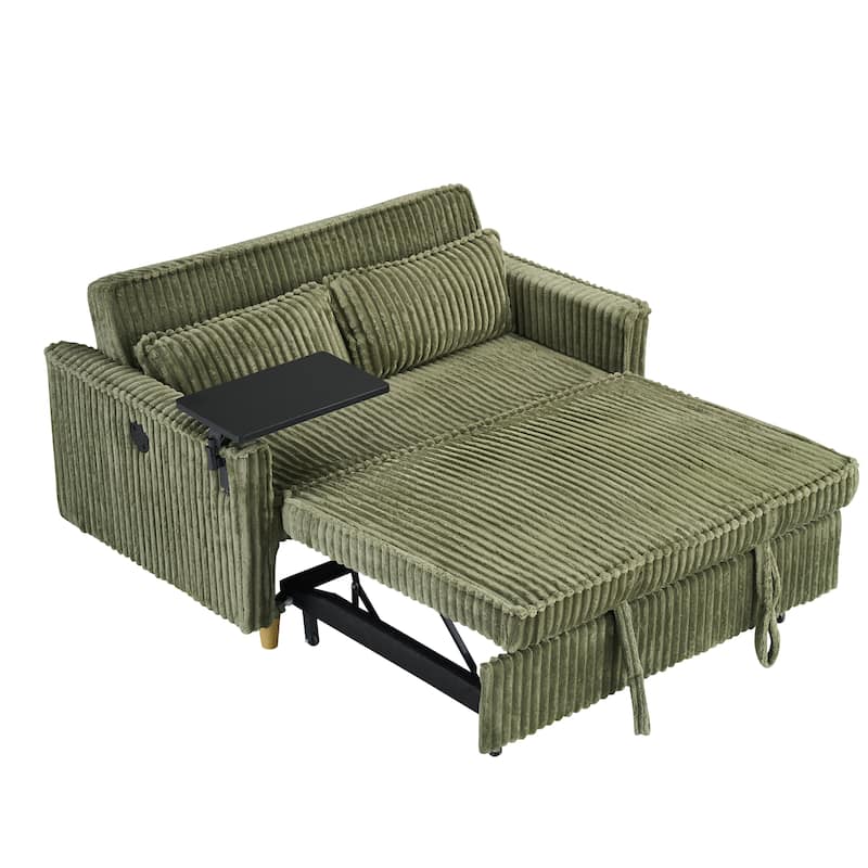 Anmytek Green Corduroy Multi-Functional Sliding Sofa with Mobile Tabletop USB Ports for Living Room Bedroom