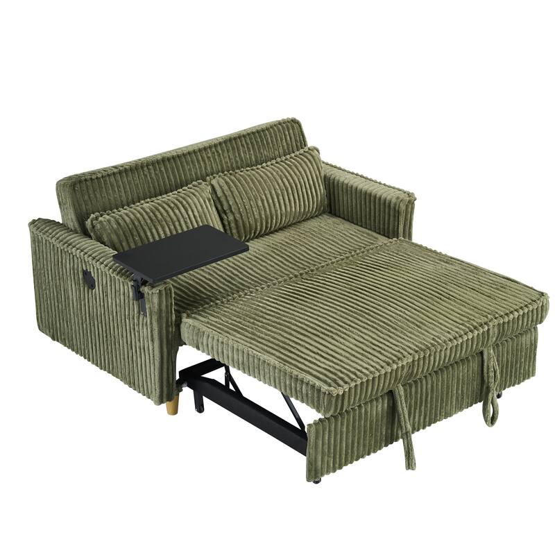 The pull-out and push-in green corduroy sofa with dual functions,equipped with a movable tabletop and USB ports