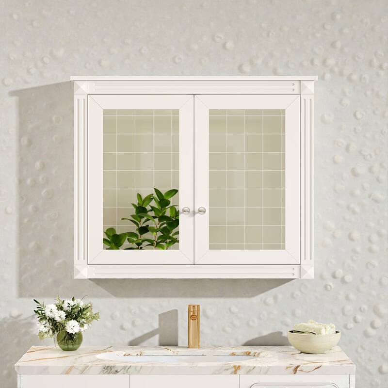 36 Inch Wall Mounted Bathroom Medicine Cabinet with Double Mirrors, Adjustable Shelves, Modern Storage Cabinet - White
