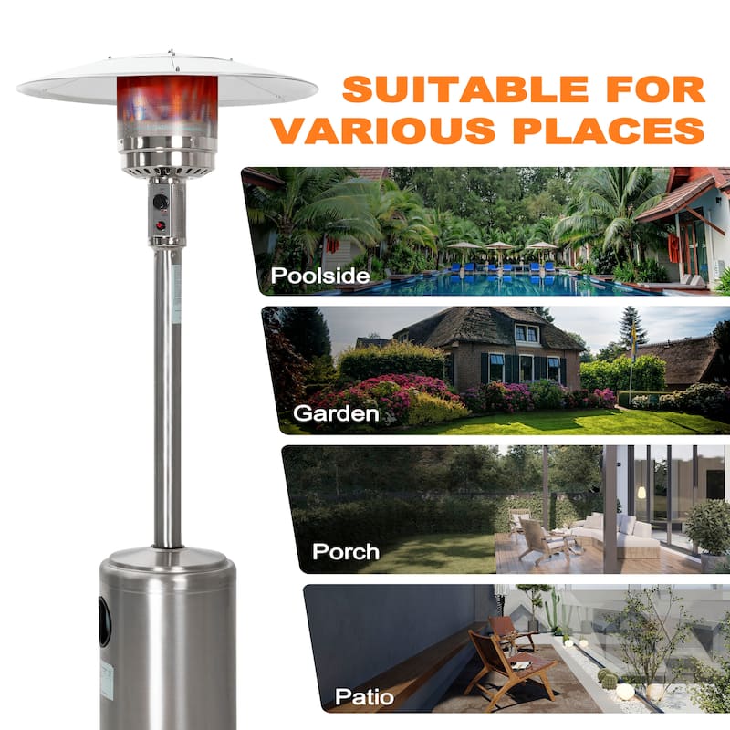 Outdoor 46,000 BTU Stainless Iron Propane Gas Patio Heater with Wheels, Silver