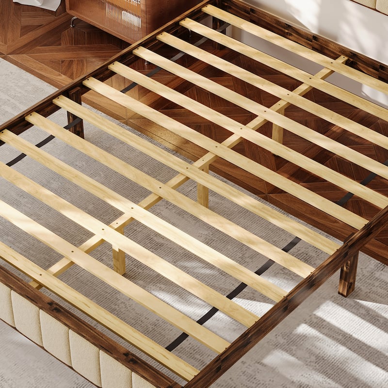 Solid Rubber Wood Platform Bed Frame with Upholstered Headboard - Queen Size Modern Bed