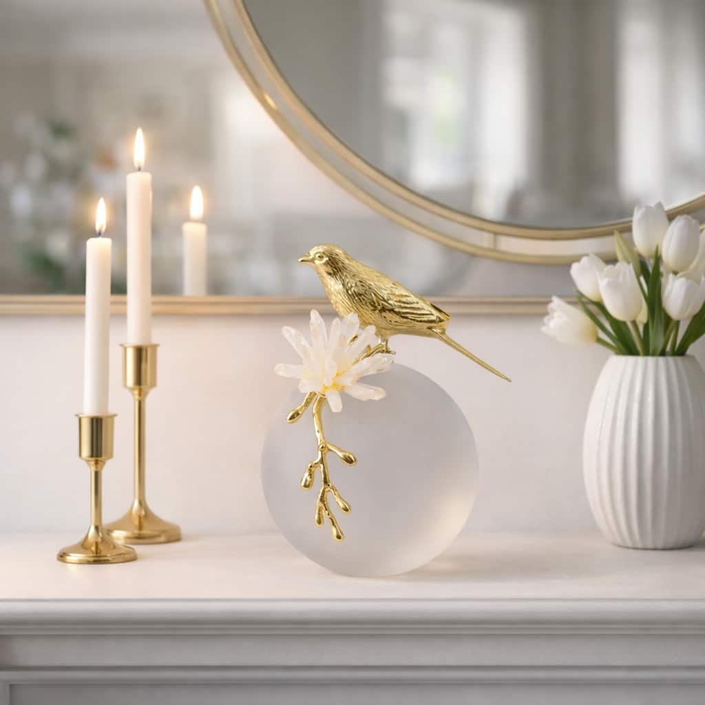 Metal Bird Statue with Crystal Sphere Base - 7", Gold & White - 7.0"