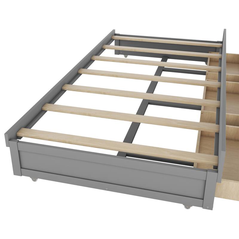 Wood Captain Bed Platform Bed with Trundle and 3 Drawers, Single Bed Frame with Storage Headboard and Integrated LED Light