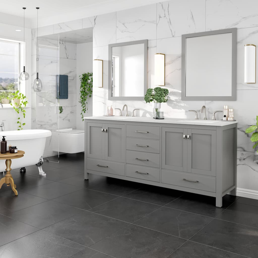 Eviva Aberdeen 78"W x 22"D Gray Double Sink Vanity with White Carrara Quartz Vanity Top and Rectangular Undermount Sinks