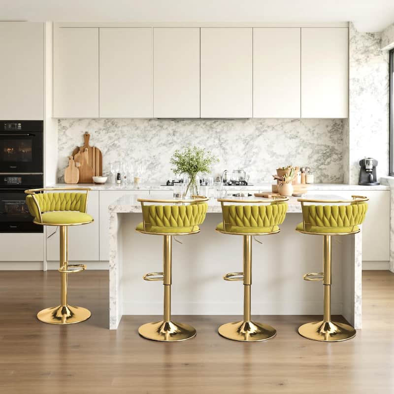 Velvet Upholstered Adjustable Bar Stool Swivel Counter Chair Set of 2 - Olive Drab/Gold - Set of 4
