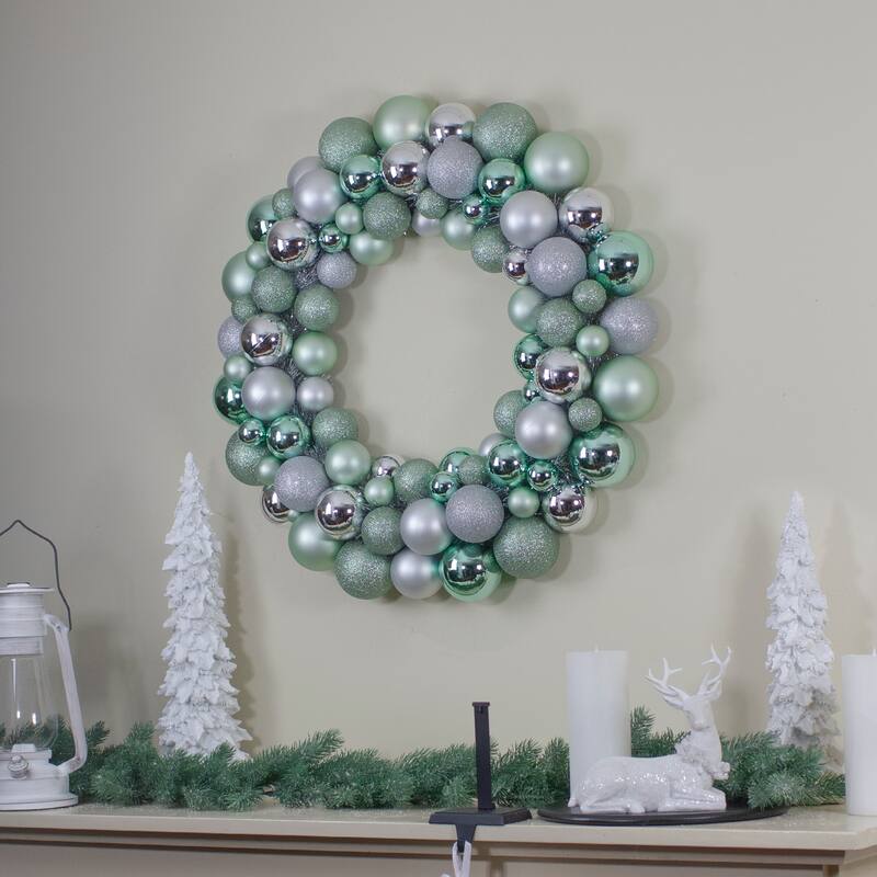 Silver and Seafoam Green 3-Finish Shatterproof Ball Christmas Wreath - Unlit