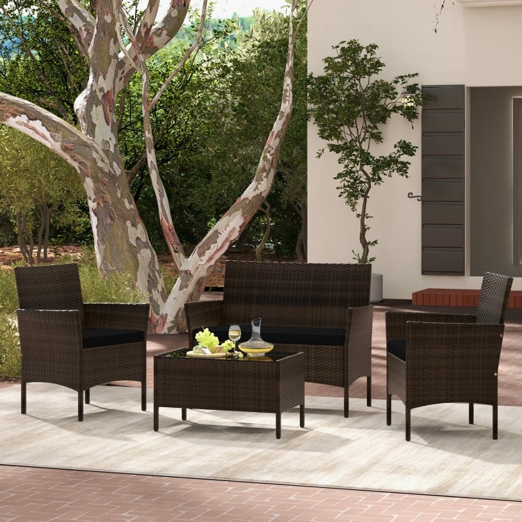 4 Piece Outdoor Rattan Patio Set with Cushions and Glass Table - 39.5" x 22.5" x 32"