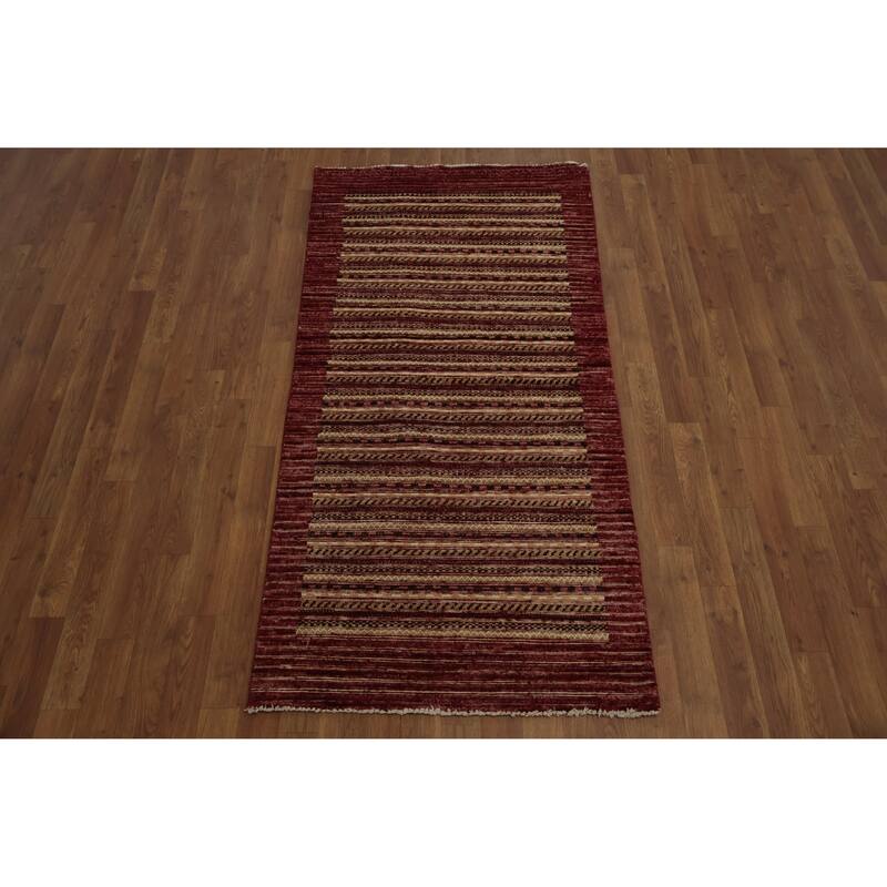 Hand Knotted Oriental 100% Wool Carpet Modern Stripe Red Gabbeh Area Rug - 5' 9'' X 2' 10''