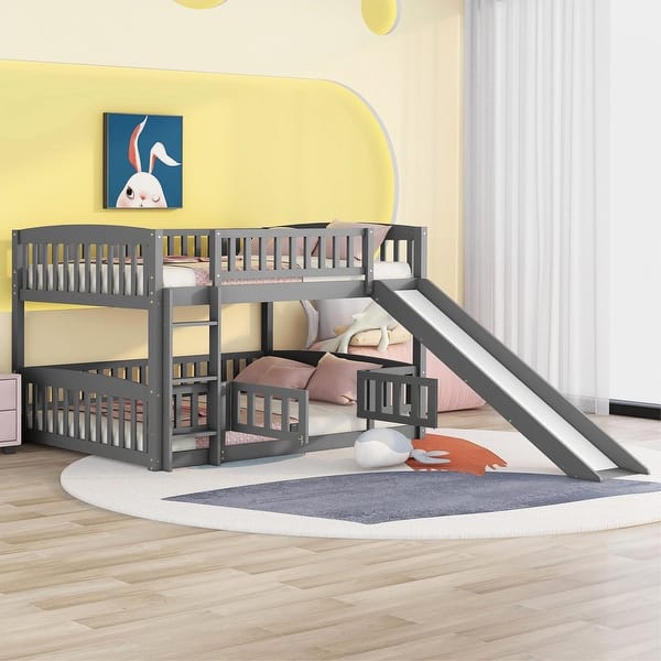 slide 2 of 44, Roomfitters Full-Over-Full Low Bunk Bed with Slide, Sturdy Wooden Frame, Safety Fence, Ladder for Easy Access Grey