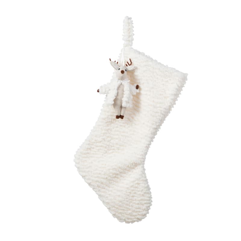 Glitzhome 21"L White Plush Christmas Stocking with Complimentary Reindeer Ornament - Reindeer Stocking
