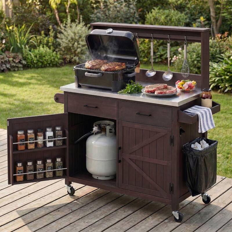 54.1" Outdoor Solid Wood Kitchen Island with Stainless Steel Top, High Shelf & Lockable Wheels - Brown