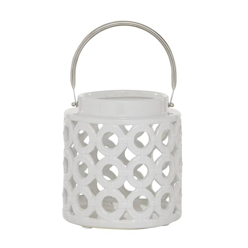 Ceramic Circles Decorative Candle Lantern with Cut Out Design - White - Roche River Decor