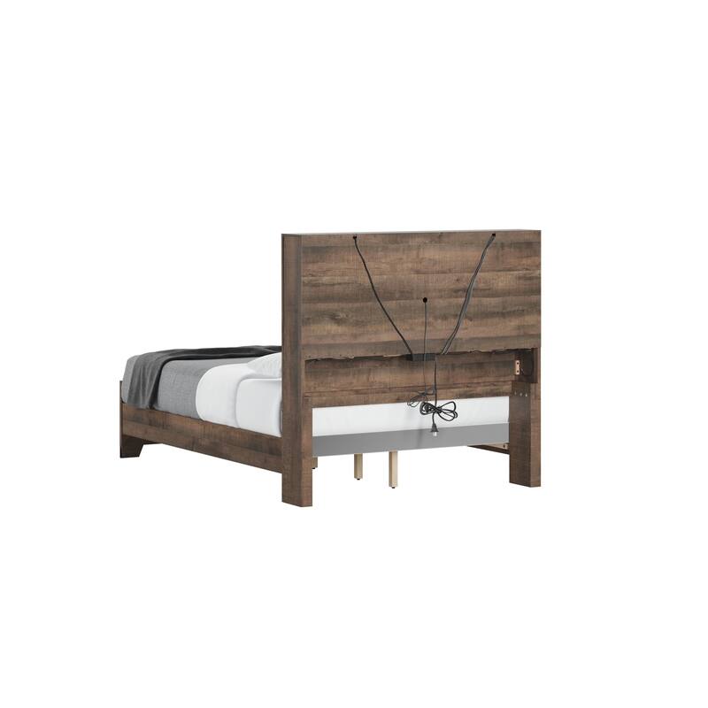 Modern Full Size Bookcase Bed Frame in Brown Penny Finish with Built-In Storage Headboard