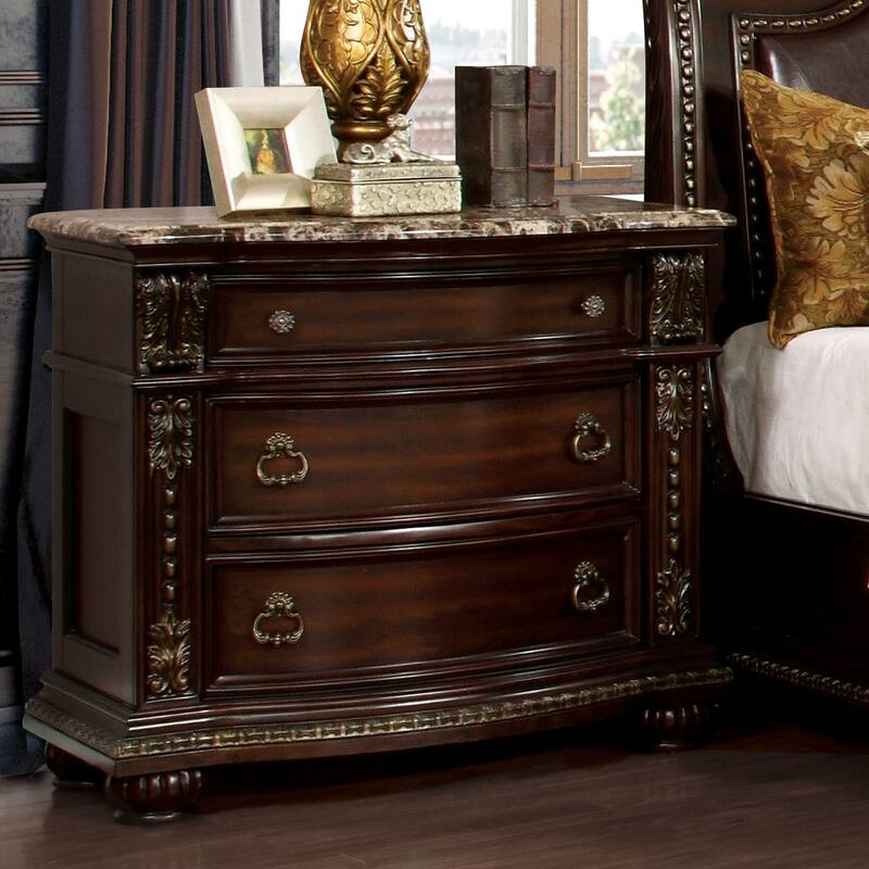 Furniture of America Etane Traditional Genuine Marble Top 3-Drawer Nightstand - Brown Cherry
