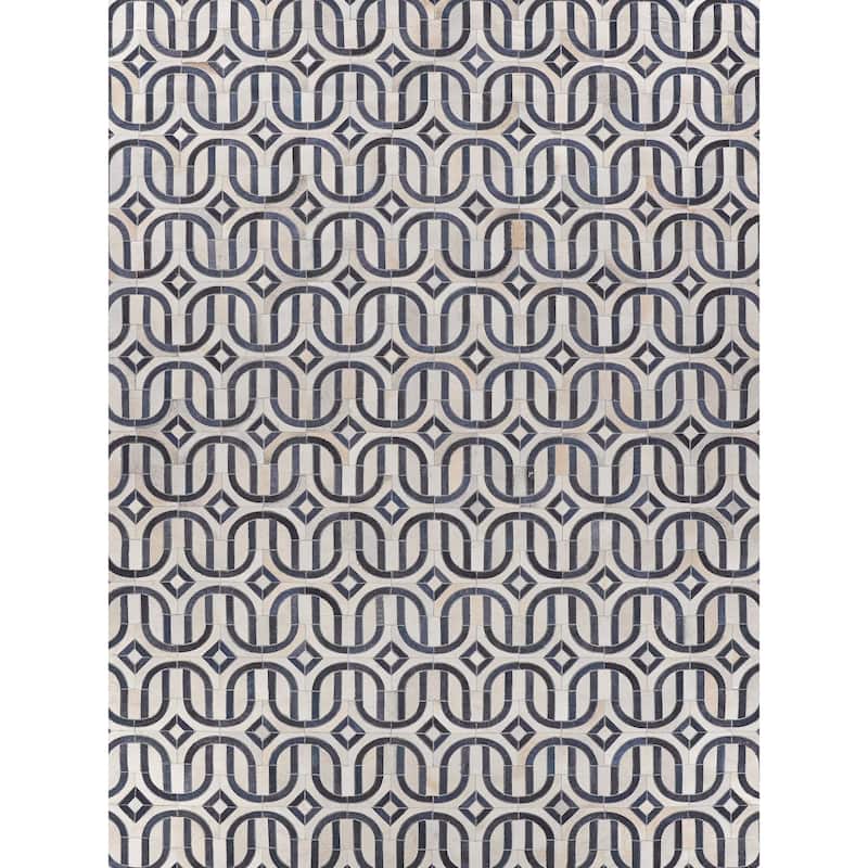 EXQUISITE RUGS Natural Hide Hand-stitched Leather Hide Silver/Blue Area Rug.