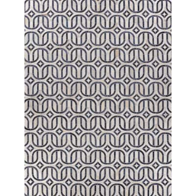 EXQUISITE RUGS Natural Hide Hand-stitched Leather Hide Silver/Blue Area Rug.