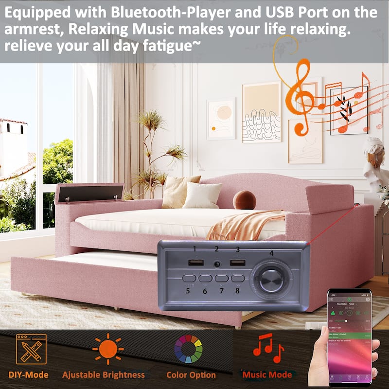 Daybed with Storage Armrests and Bluetooth Audio