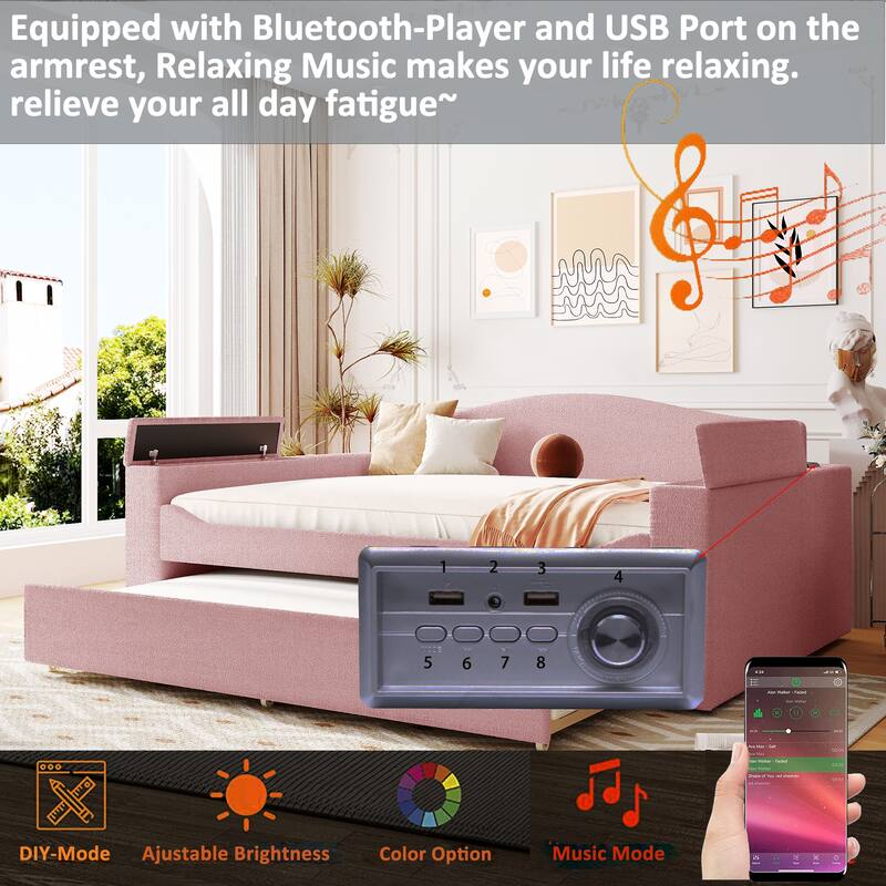 Pink Teddy Fleece Upholstered Daybed with Bluetooth Audio, Storage & Trundle