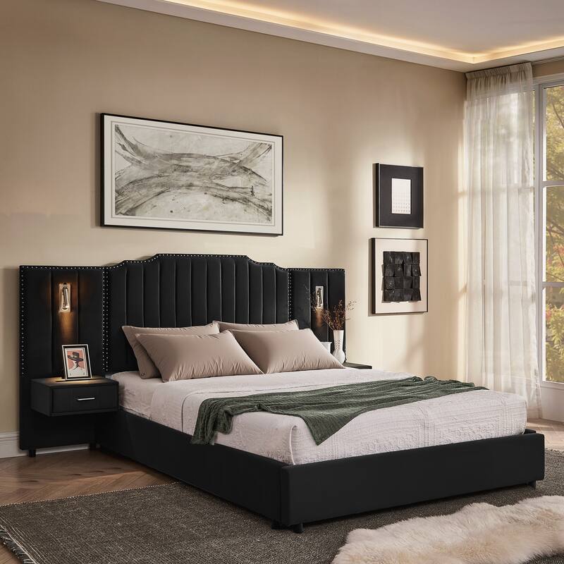 Queen Size Upholstered Bed Frame , Vertical Stripe Design with Buttons Around Platform Bed with Headboard