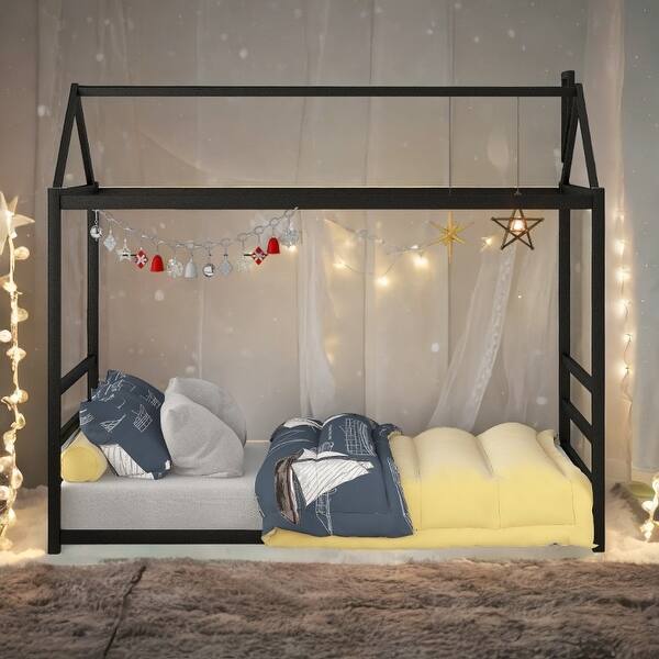 slide 2 of 24, Roof and Chimney Desige House Platform Bed Black