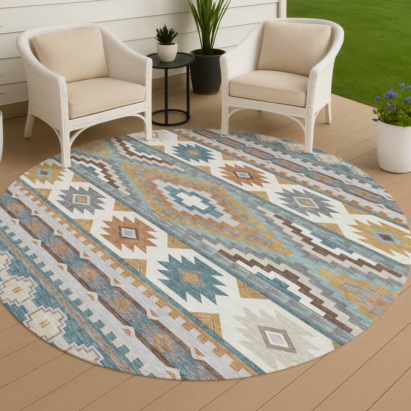 Machine Washable Indoor/ Outdoor Modern Ottawa Chantille Rug - Teal - 8' x 8'