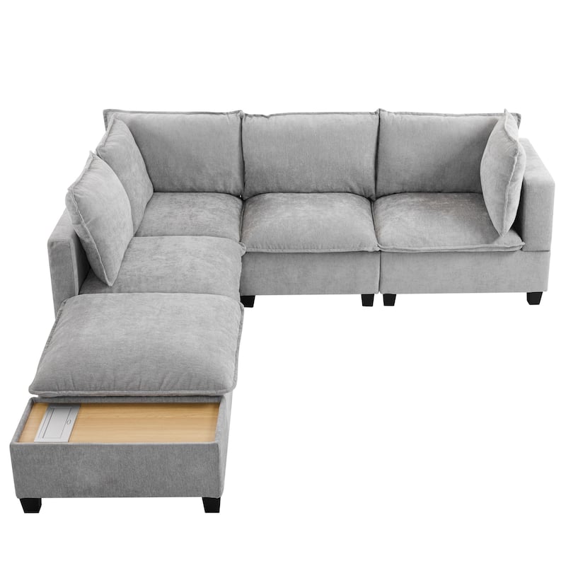 90" U-shaped Sofa with Ottoman and Hidden Charging Coffee Table, Grey Chenille